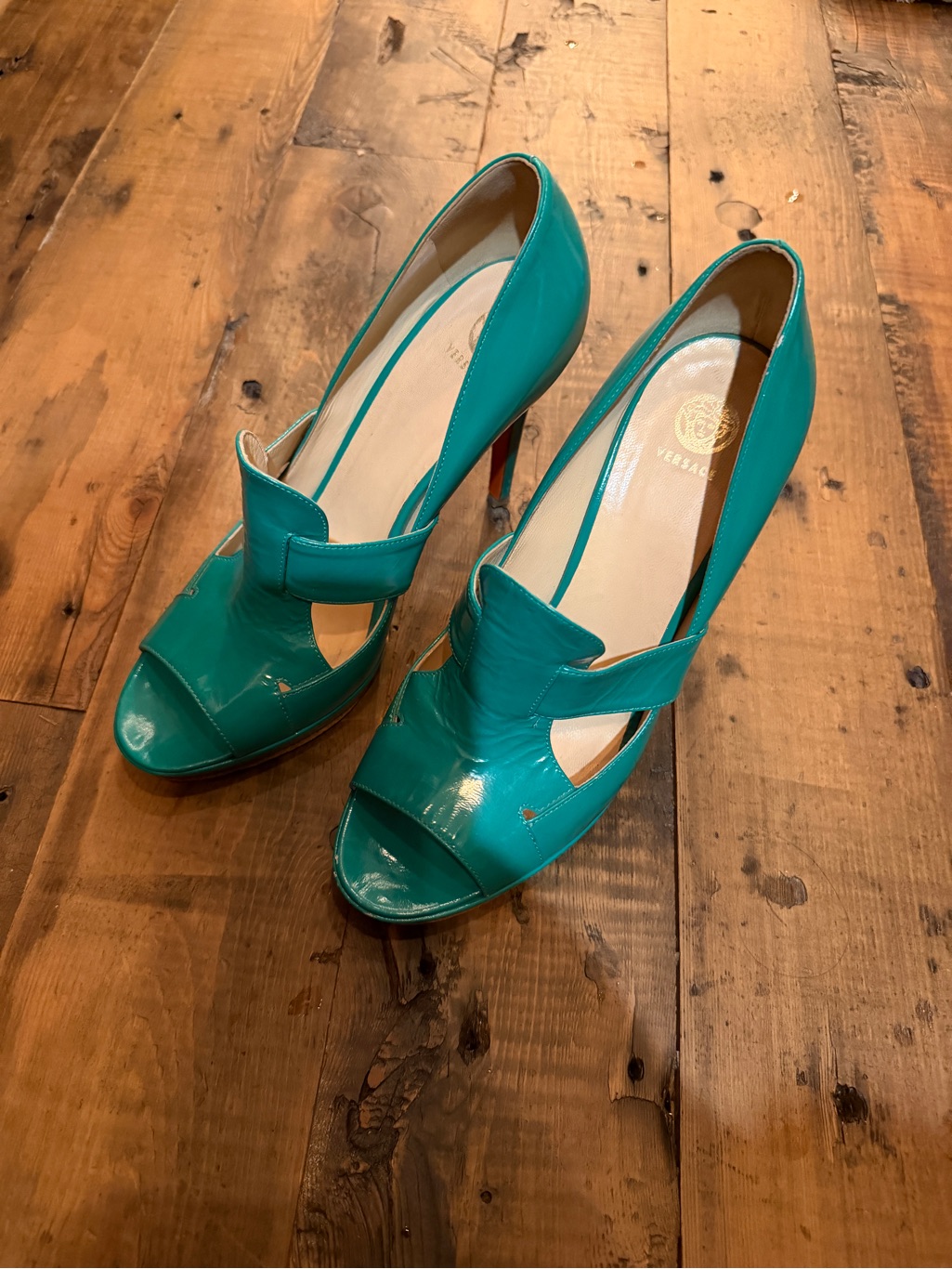 Versace Teal Patent Leather Open-Toe Heels